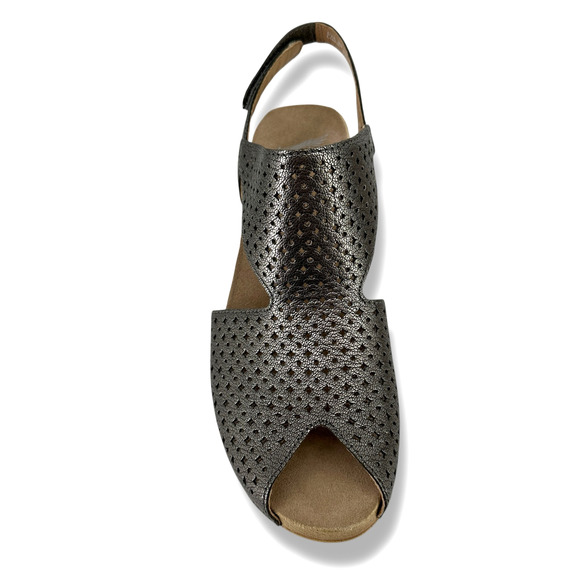 Dansko Teagan Silver Gunmetal Open Peeptop Heels Sandals Size 41 10.5 11 Block - Picture 5 of 10